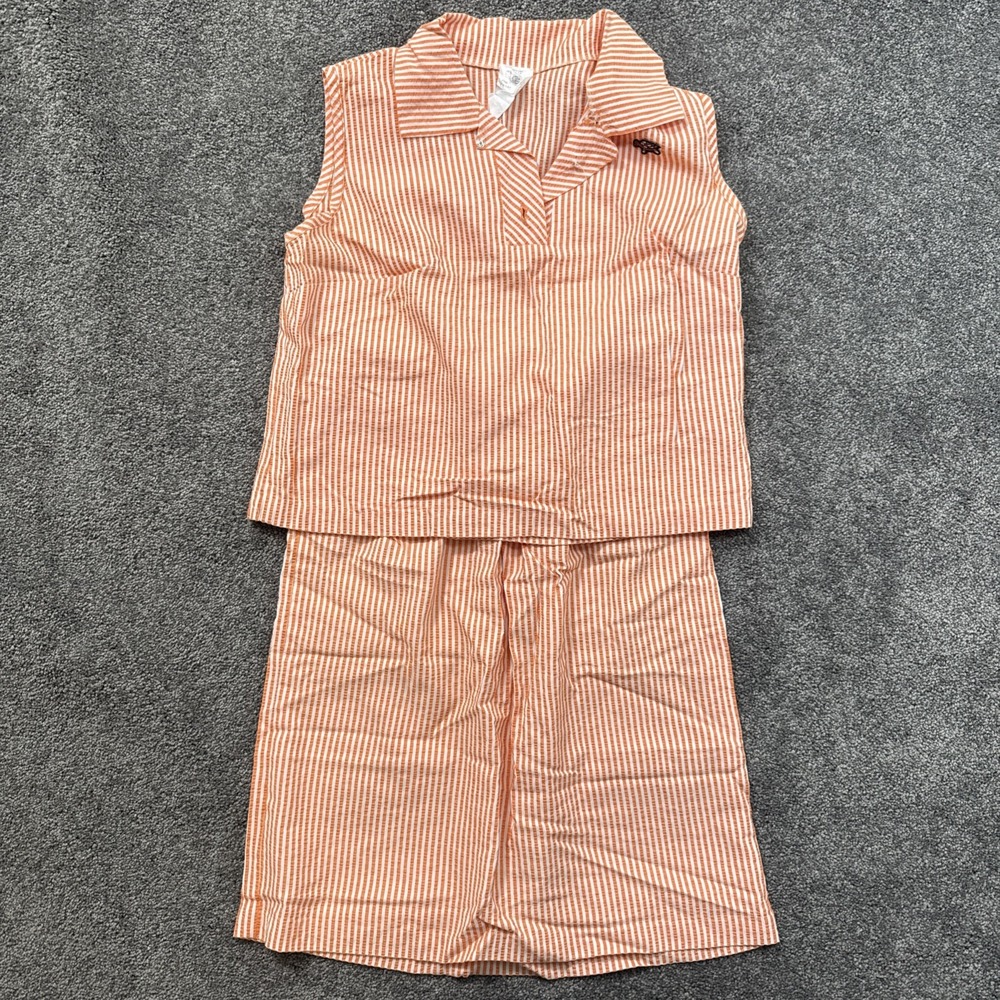 VTG Womens S Seersucker 2 Piece Outfit Orange Striped Skirt Shirt Sleeveless USA